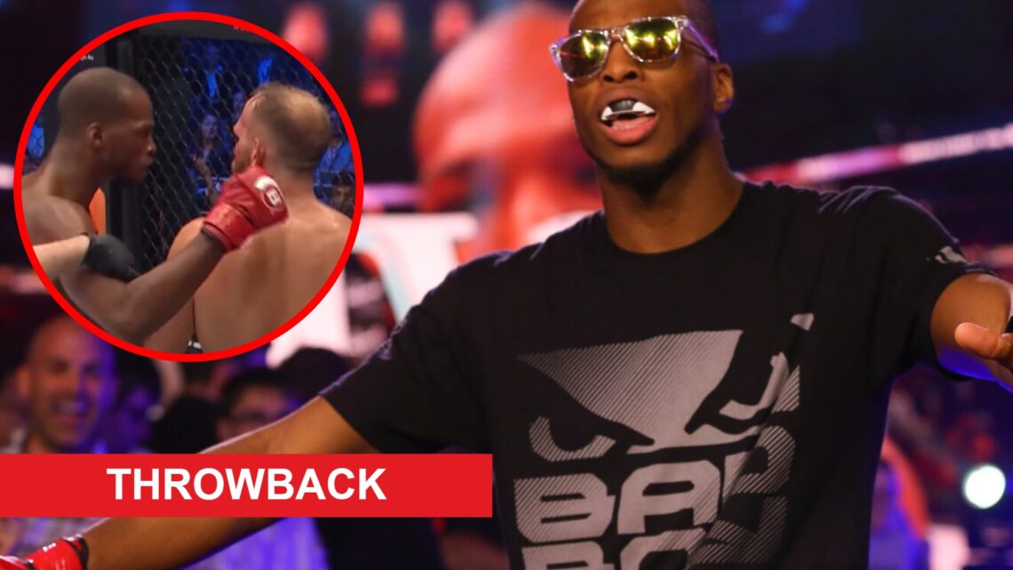 Michael Page makes the walk to face Jeremie Holloway at Bellator 153, inset Page calls out David Rickels in their fight at Bellator 200, throwback ...