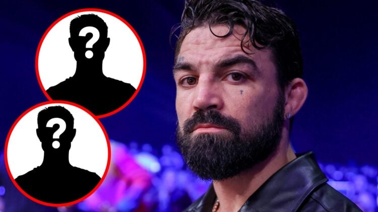 Mike Perry looks on while attending BKFC 53 in Orlando, Florida, inset two mystery icons