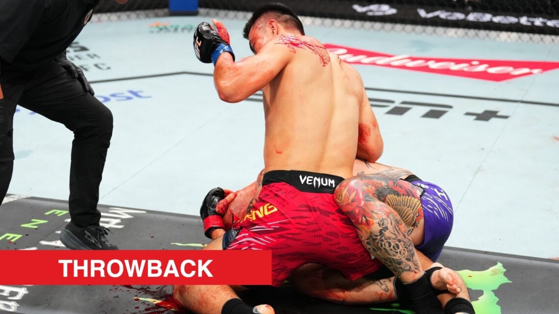 Mingyang Zhang lands ground-and-pound on Anthony Smith during their UFC Kansas City fight