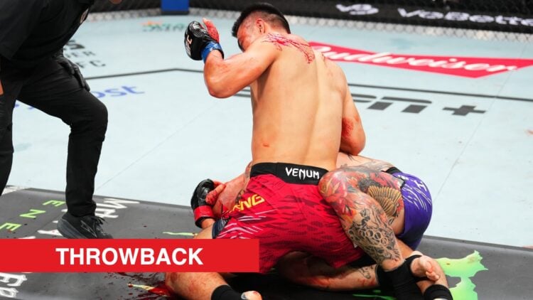 Mingyang Zhang lands ground-and-pound on Anthony Smith during their UFC Kansas City fight