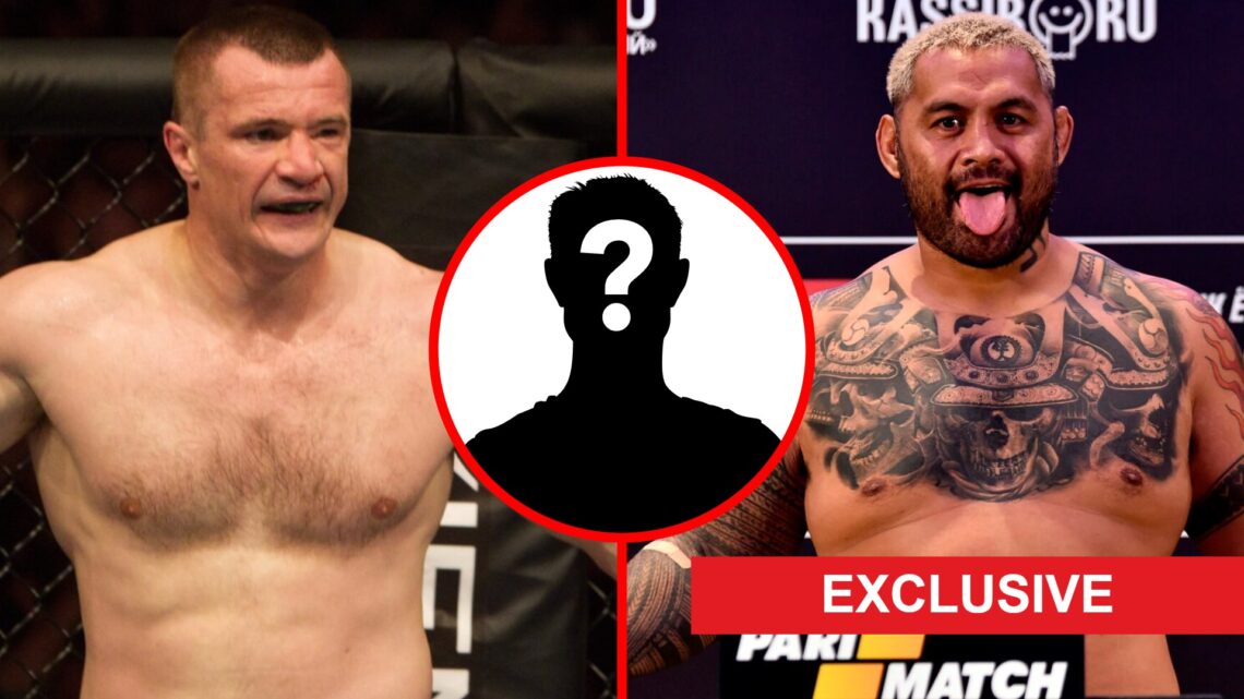 Mirko Cro Cop reacts after beating Pat Barry at UFC 115, Mark Hunt poses on the scale ahead of his fight with Aleksei Oleinik, inset mystery icon a...