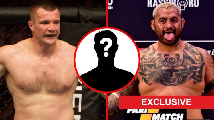 Mirko Cro Cop reacts after beating Pat Barry at UFC 115, Mark Hunt poses on the scale ahead of his fight with Aleksei Oleinik, inset mystery icon a...
