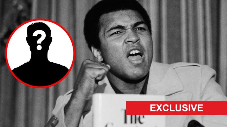 Muhammad Ali promotes his new book at a press conference in London, inset mystery icon and exclusive banner