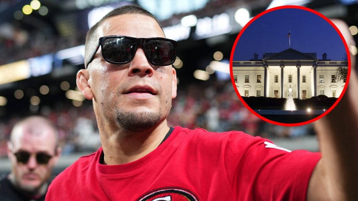 Nate Diaz on the field before a San Francisco 49ers vs. Las Vegas Raiders NFL preseason game, inset exterior view of the White House at night in 2001