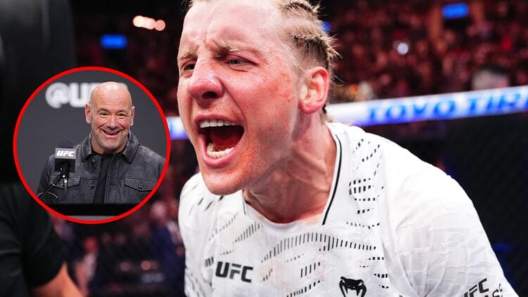 Main: Paddy Pimblett shouts at the camera after winning at UFC 314. Inset: Dana White on stage at the 2024 UFC seasonal press conference.