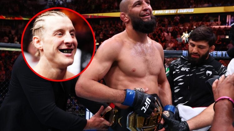 Main: Dana White wraps the middleweight title around Khamzat Chimaev at UFC 319 as Arman Tsarukyan watches on. Inset: Paddy Pimblett moments before...