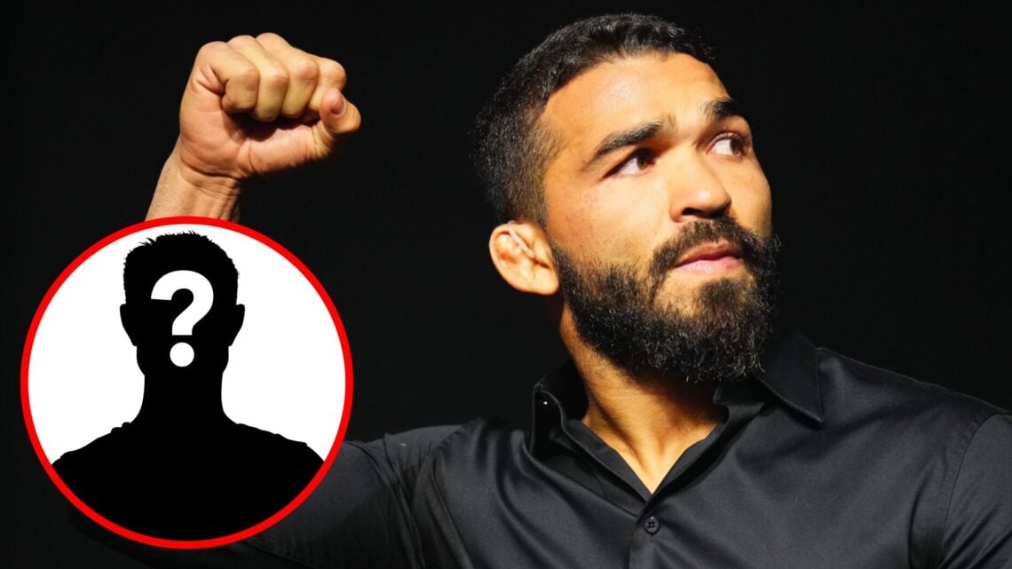 Patricio Pitbull on stage at the UFC 314 press conference, inset mystery icon