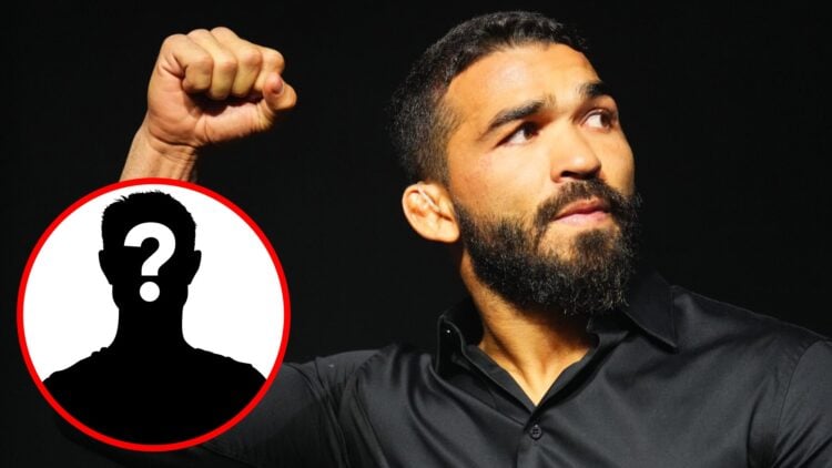 Patricio Pitbull on stage at the UFC 314 press conference, inset mystery icon