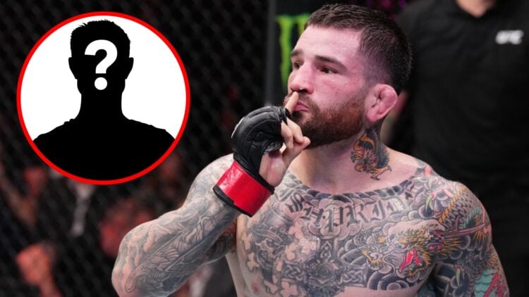 Sean Brady reacts after beating Kelvin Gastelum in Austin, Texas, inset mystery icon