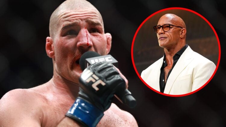 Sean Strickland speaks after his UFC 312 loss, inset of Dwayne 'The Rock' Johnson at the 2025 UFC Hall of Fame induction ceremony