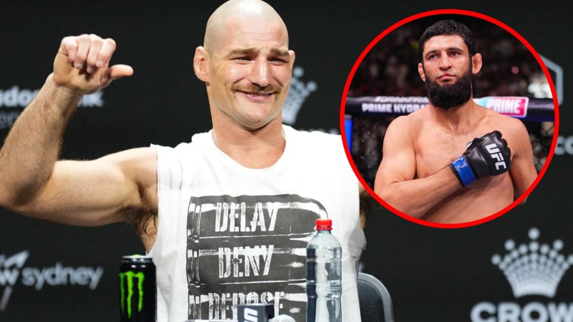 Sean Strickland puts his thumbs down at a UFC press conference, inset of Khamzat Chimaev preparing to fight at UFC 308.
