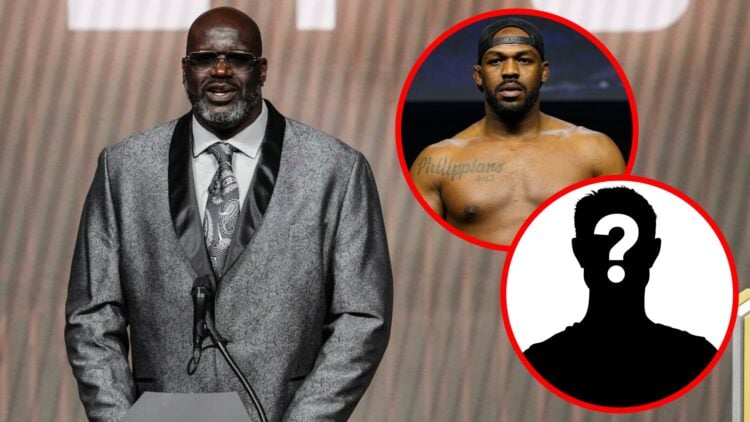 Shaquille O'Neal on stage at the UFC Hall of Fame Class of 2025 Induction Ceremony, inset Jon Jones steps on the scales ahead of UFC 285, mystery icon