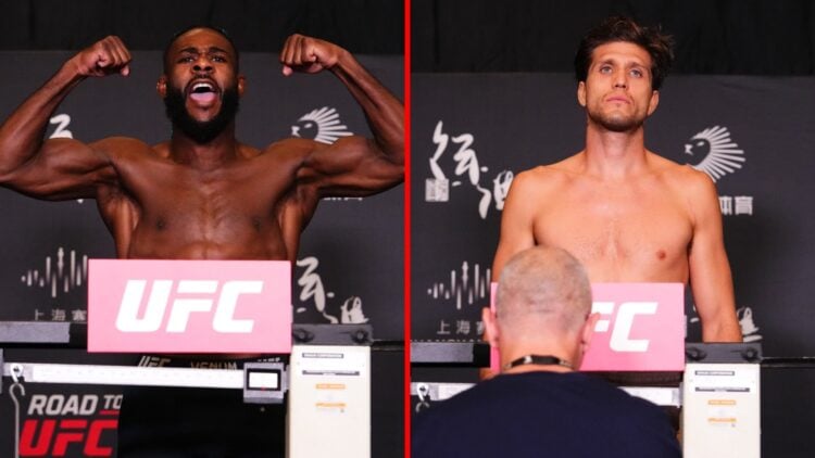 Split image of Aljamain Sterling and Brian Ortega at UFC Shanghai weigh-ins