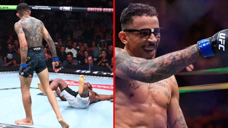 Split image of Carlos Prates knocking out Geoff Neal at UFC 319, Carlos Prates pointing at UFC 319