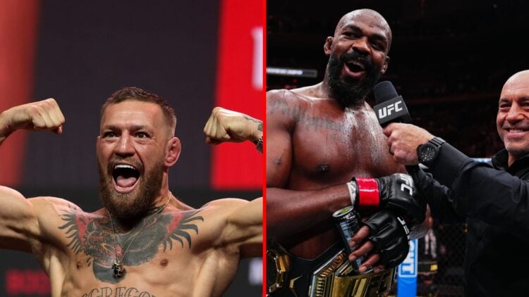 Split image of Conor McGregor at UFC 264 weigh-ins, Jon Jones speaking to Joe Rogan at UFC 309