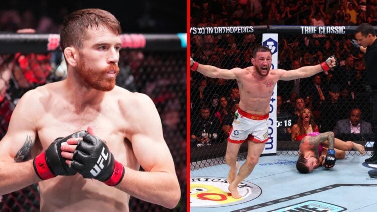 Split image of Cory Sandhagen in the UFC Octagon, Merab Dvalishvili celebrating UFC 316 title win over Sean O'Malley