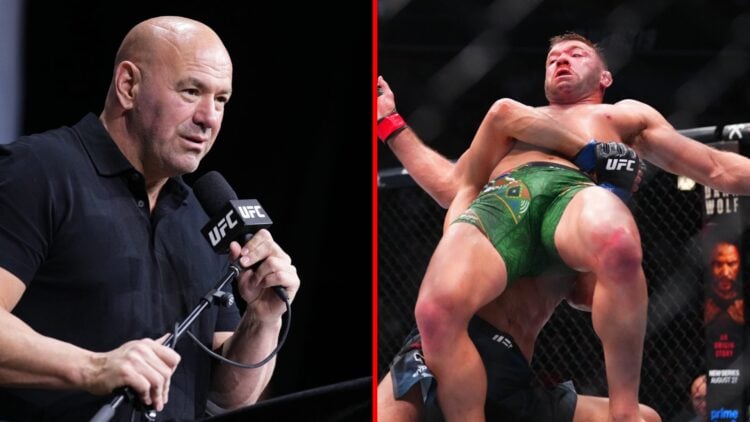 Split image of Dana White at the UFC 319 press conference and Dricus du Plessis getting taken down at UFC 319
