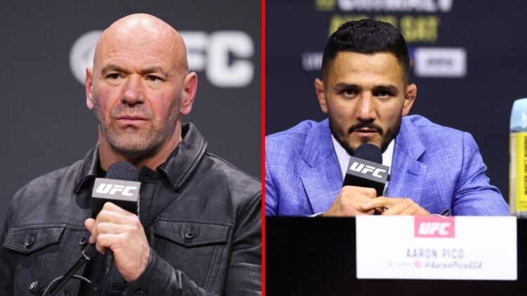 Split image of Dana White at UFC press conference, Aaron Pico at UFC 319 press conference