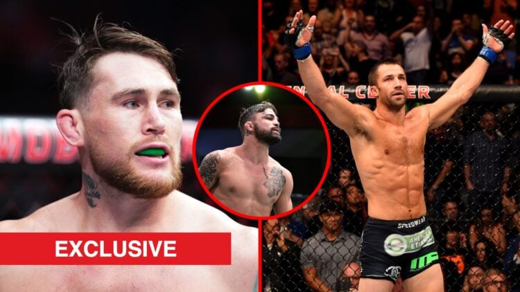 Split image of Darren Till at UFC 282, Luke Rockhold during UFC Fight Night, inset of Mike Perry at UFC Apex