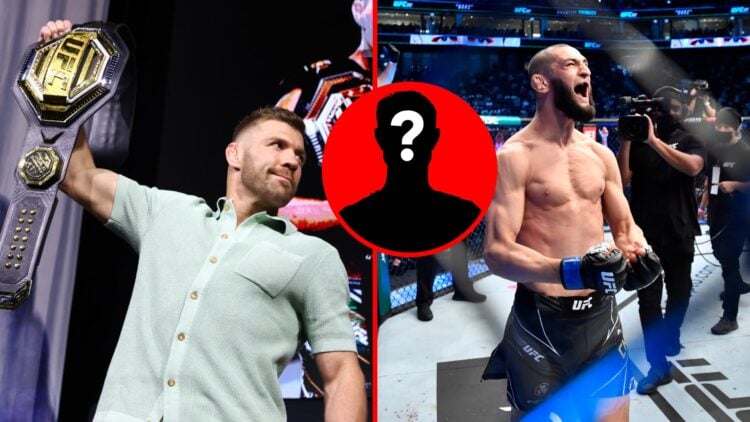 Split image of Dricus du Plessis and Khamzat Chimaev at UFC 319, with mystery inset.