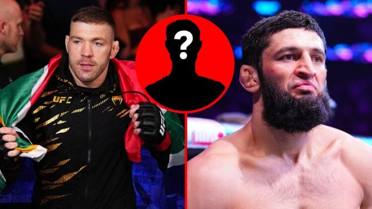 Split image of Dricus du Plessis at UFC 312 and Khamzat Chimaev at UFC 308, with mystery inset