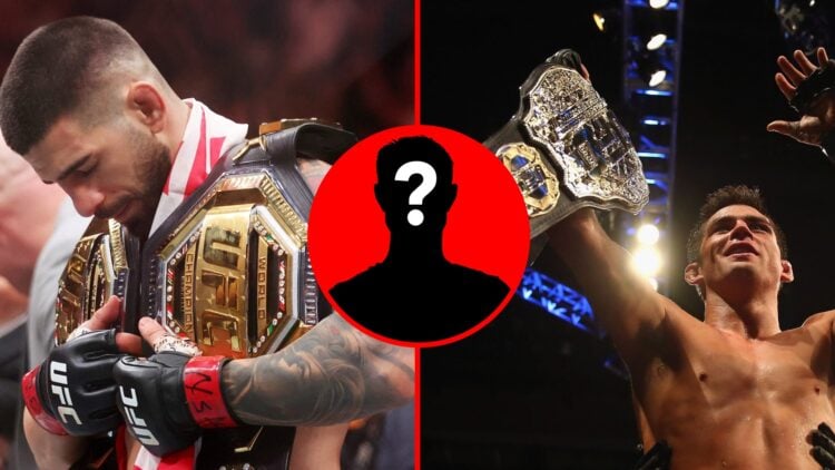 Split image of Ilia Topuria holding two belts at UFC 317, Dominick Cruz with UFC belt, mystery inset