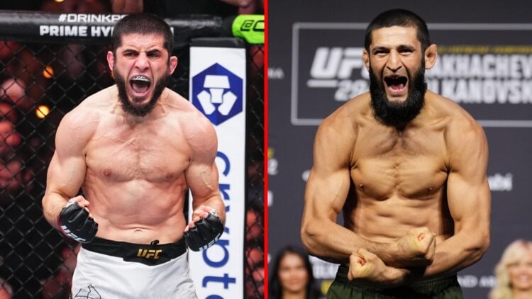 Split image of Islam Makhachev at UFC 311, Khamzat Chimaev at UFC 294 weigh-ins