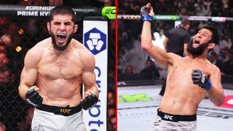 Split image of Islam Makhachev celebrating win in UFC 311 main event, Khamzat Chimaev celebrating submission over Robert Whittaker at UFC 308.