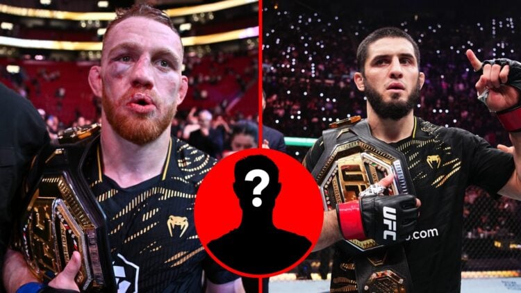 Split image of Jack Della Maddalena walking out of the Octagon at UFC 315, Islam Makhachev with title at UFC 311