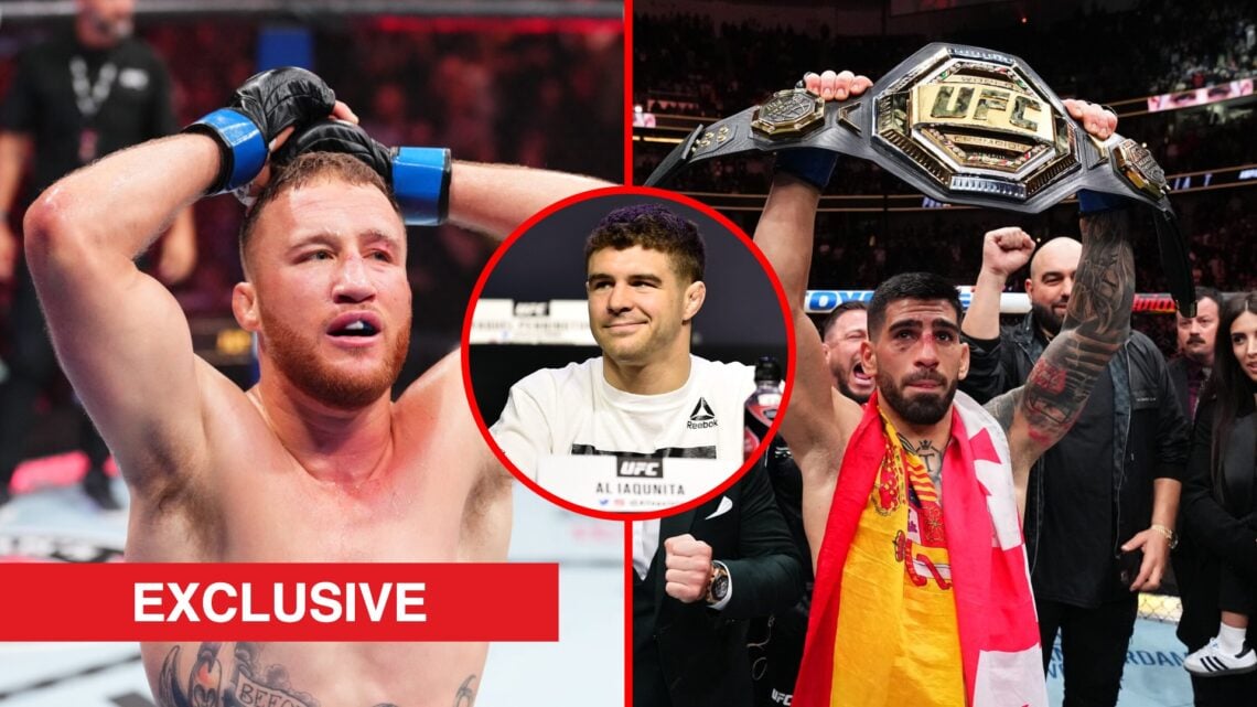 Split image of Justin Gaethje at UFC 291, Ilia Topuria at UFC 298, with inset of Al Iaquinta at UFC 223 press conference