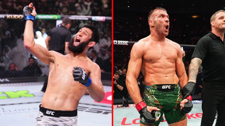 Split image of Khamzat Chimaev at UFC 308, Dricus du Plessis at UFC 312