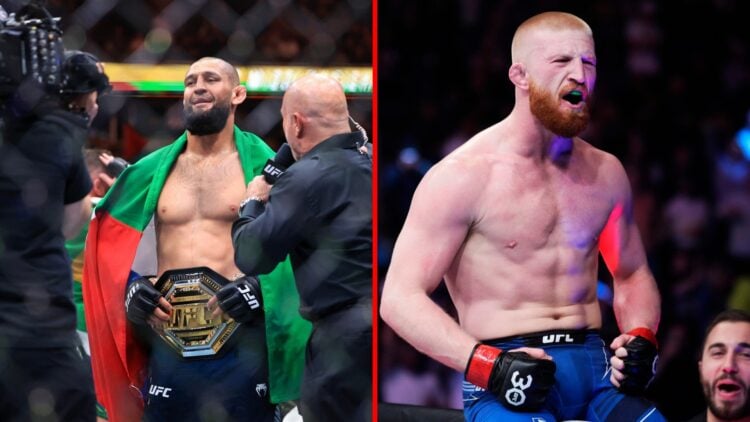 Split image of Khamzat Chimaev at UFC 319, Bo Nickal at UFC 285