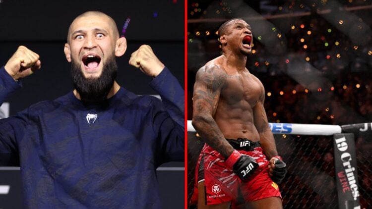 Split image of Khamzat Chimaev at UFC 319 weigh-ins, Jailton Almeida at UFC 311