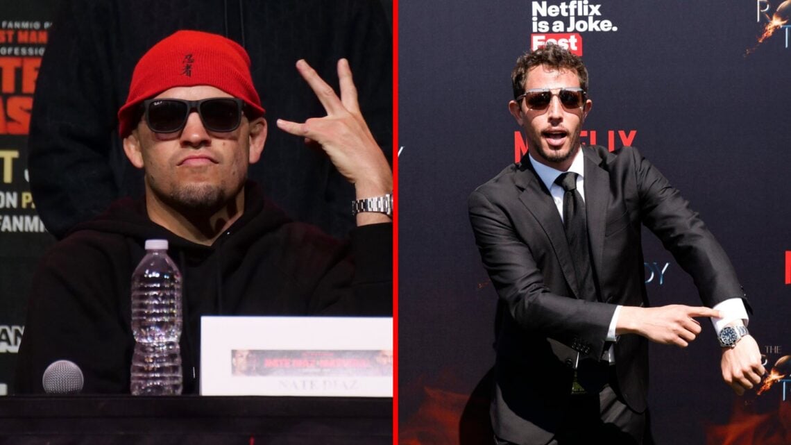 Split image of Nate Diaz at boxing press conference, Tony Hinchcliffe at the Roast of Tom Brady