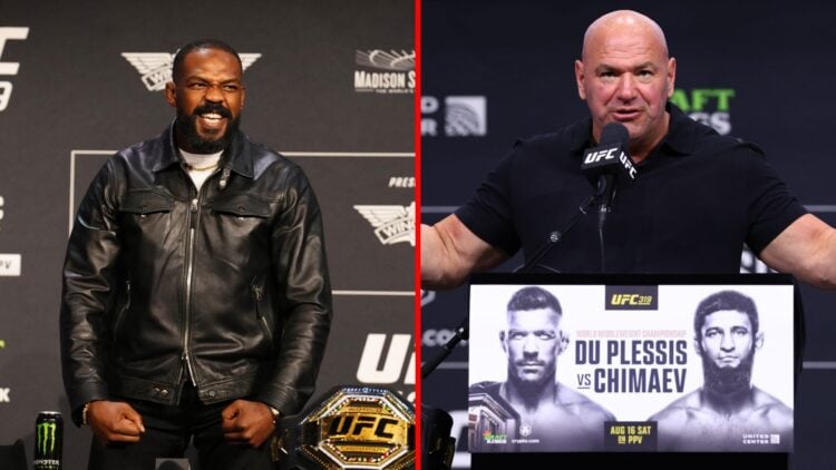 Splt image of Jon Jones at the UFC 309 press conference, Dana White at the UFC 319 press conference