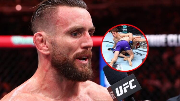 Tim Elliott at UFC 319, with inset of Tim Elliott taking down Kai Asakura at UFC 319