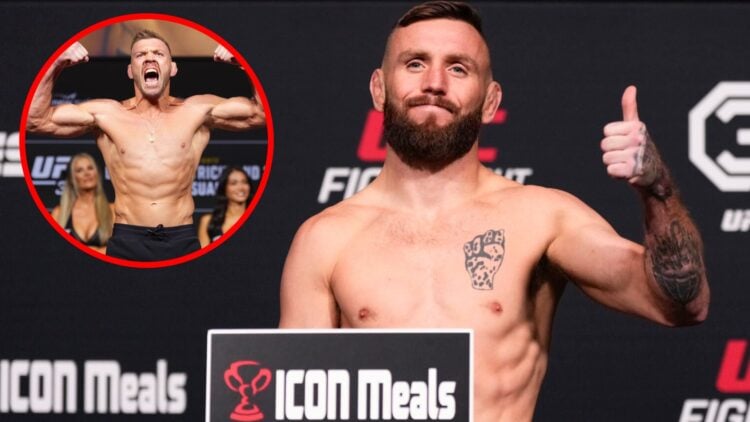 Tim Elliott poses on the scale ahead of his fight with Su Mudaerji at the UFC Apex, inset Dricus du Plessis poses on the scale at the UFC 312 cerem...