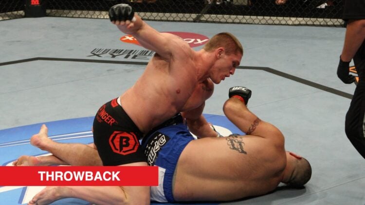 Todd Duffee punches Tim Hague on the ground during their fight at UFC 102