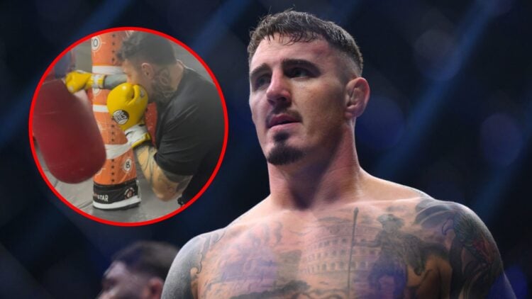 Main: Tom Aspinall inside the cage for his title fight against Curtis Blaydes at UFC 304. Inset: Tom Aspinall punches a heavy bag during training