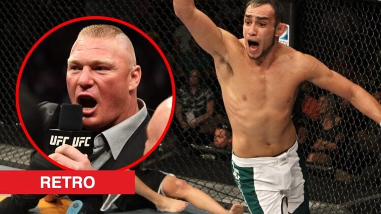 Tony Ferguson celebrates winning TUF 13, inset of Brock Lesnar talking into a UFC mic.