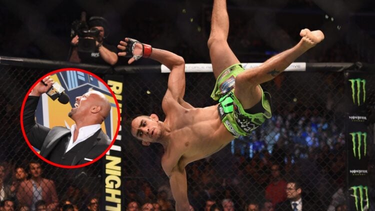 Tony Ferguson celebrating following UFC win, Dwayne 'The Rock' Johnson at press conference
