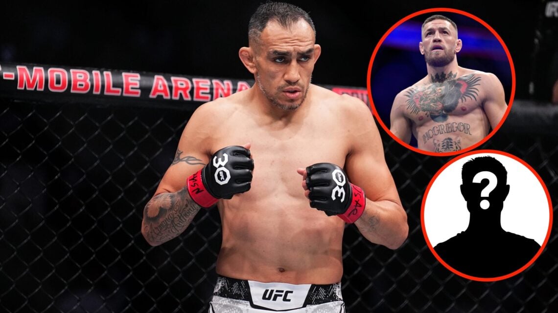 Center: Tony Ferguson in the Octagon ahead of his fight with Paddy Pimblett at UFC 296 in December, 2023. Insert: Conor McGregor in the Octagon ahe...