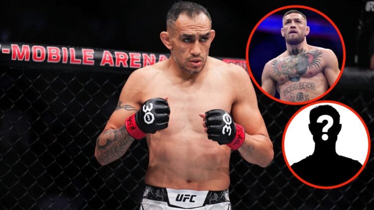 Center: Tony Ferguson in the Octagon ahead of his fight with Paddy Pimblett at UFC 296 in December, 2023. Insert: Conor McGregor in the Octagon ahe...