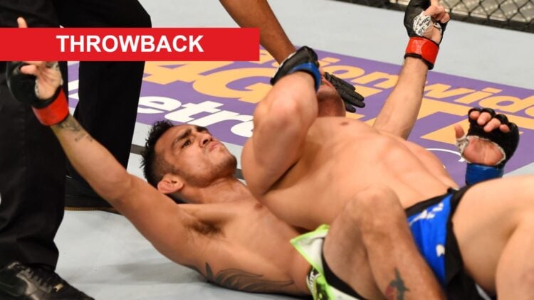 Tony Ferguson celebrates after submitting Gleison Tibau at UFC 184, inset throwback banner