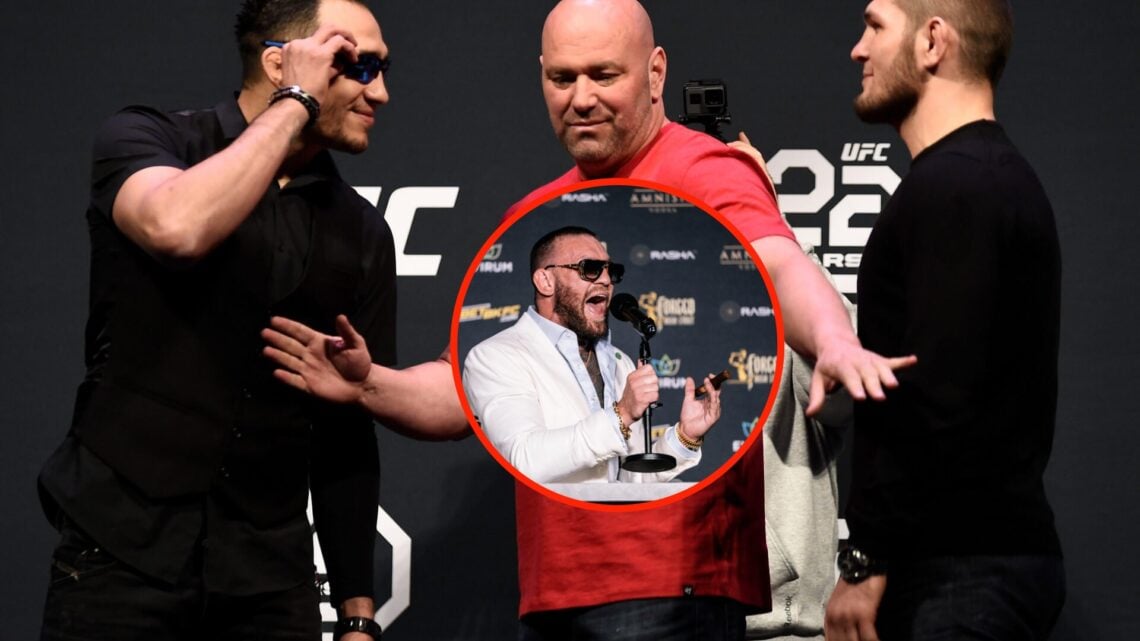 Center: Tony Ferguson faces off with Khabib Nurmagomedov at the UFC's 25th Anniversary Press Conference. Insert: Conor McGregor attends a BKFC pres...