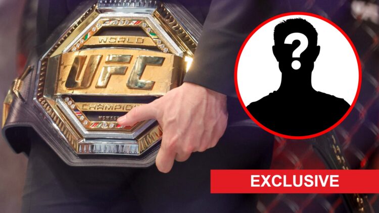 Dana White holds the UFC title inside the Octagon at UFC 310 in Las Vegas, inset mystery icon and exclusive banner