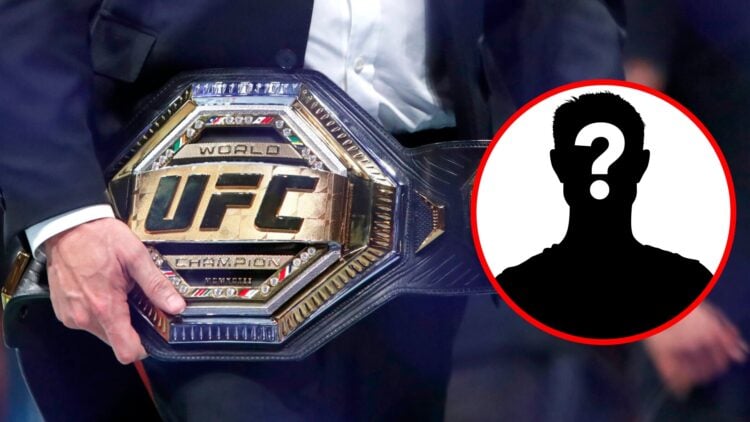 Dana White carries the UFC featherweight title at UFC 290, inset mystery icon