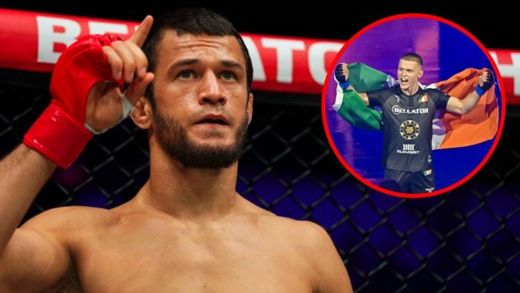 Usman Nurmagomedov looks on ahead of facing Alexander Shabliy at Bellator Champions Series: San Diego, inset Paul Hughes makes the walk to face Nur...
