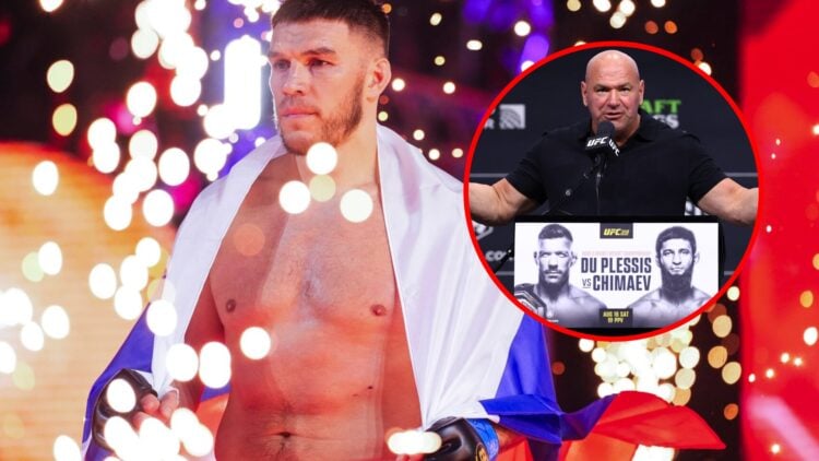 Main: Vadim Nemkov walks to the cage for his fight against Bruno Cappelozza at the PFL vs Bellator event. Inset: Dana White speaks on stage at the ...