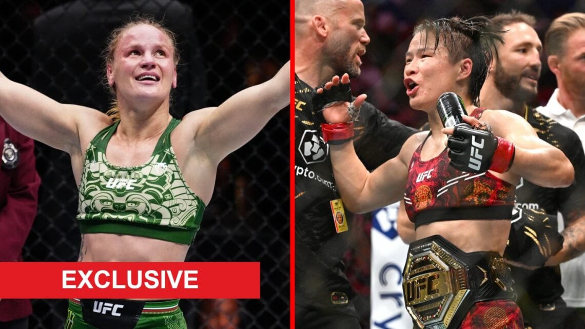 Valentina Shevchenko reacts after beating Alexa Grasso at UFC 306, Zhang Weili celebrates after defeating Tatiana Suarez at UFC 312, inset exclusiv...
